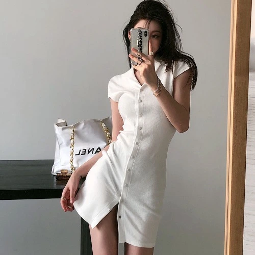 Polo Collar Knitted Dress Bag Hip Skirt