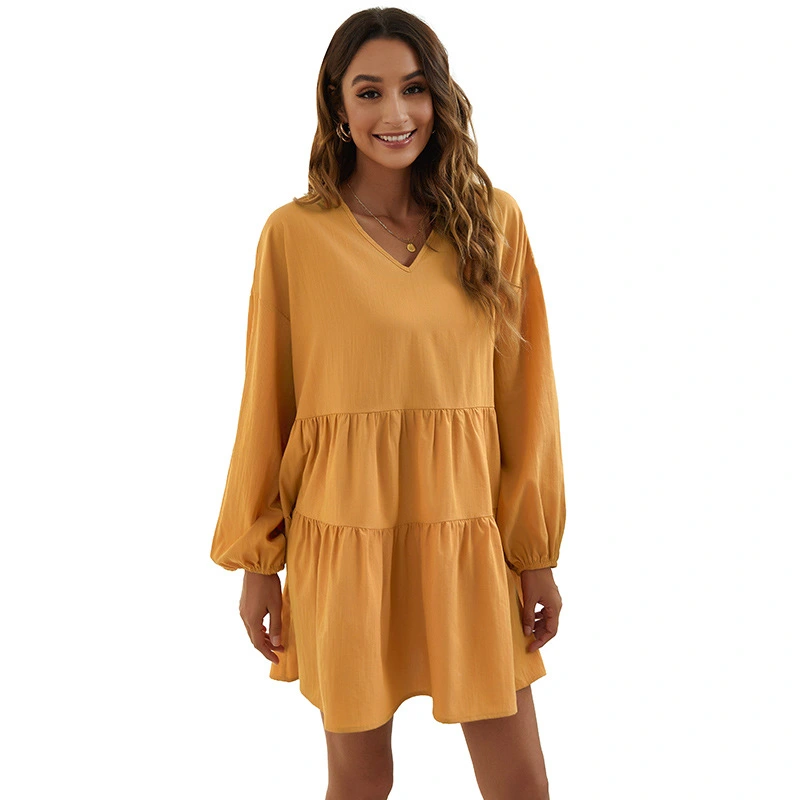 Women's Loose V-neck Simple Casual Long-sleeved Dress