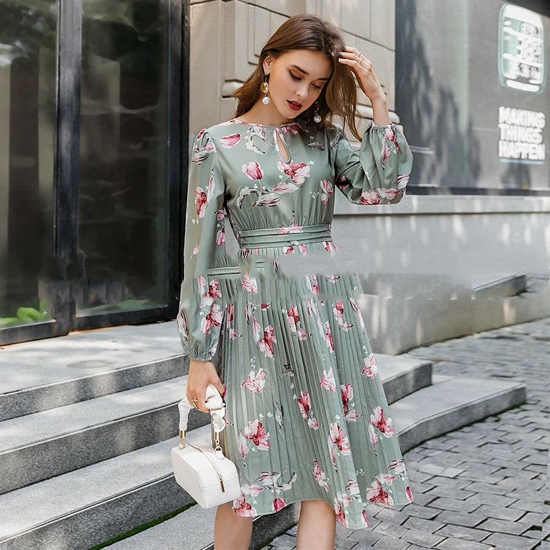 Sweet Chinese Style Printed Pleated Skirt Autumn