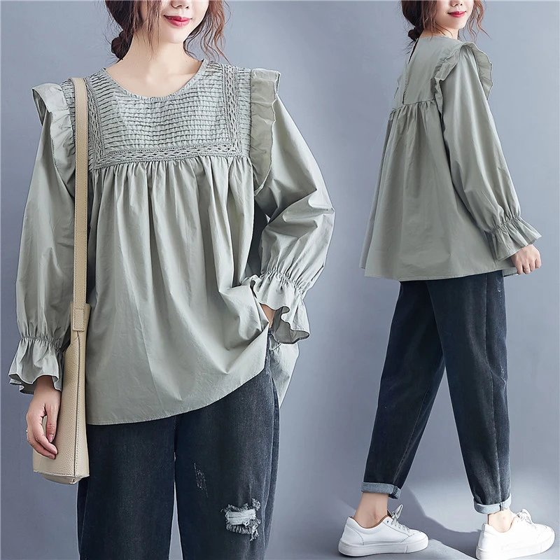 Long Sleeve Folded Lace Loose Ruffled Shirt Fat