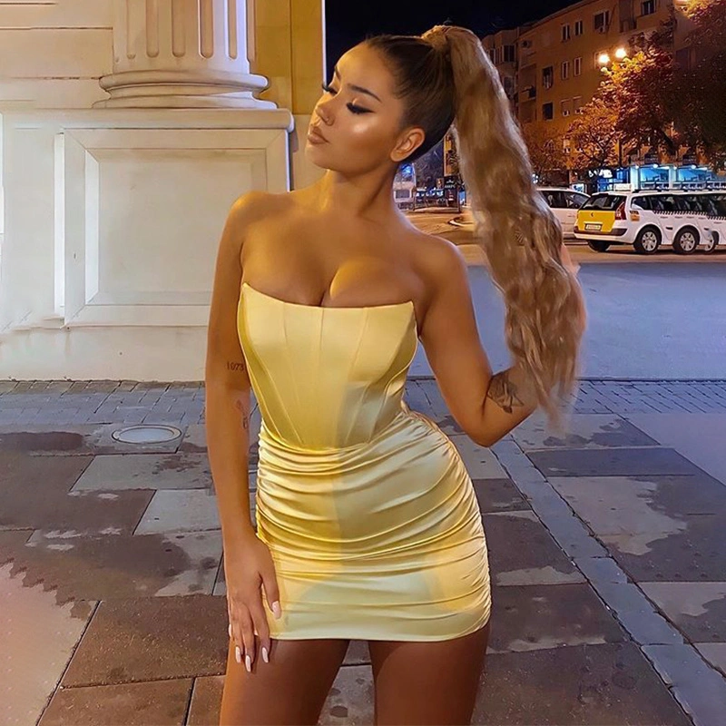 Nightclub Style Strapless Neckline Pleated Breast Wrap Dress