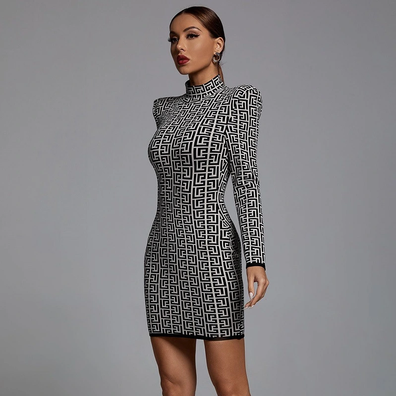 European And American High-shoulder Round Neck Long-sleeved Fret Dress