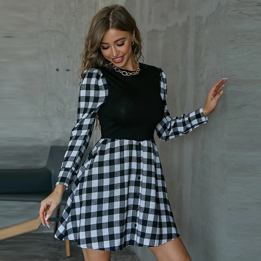 Fake Two Pieces Of Plaid Stitching High Waist Slim Slim Dress