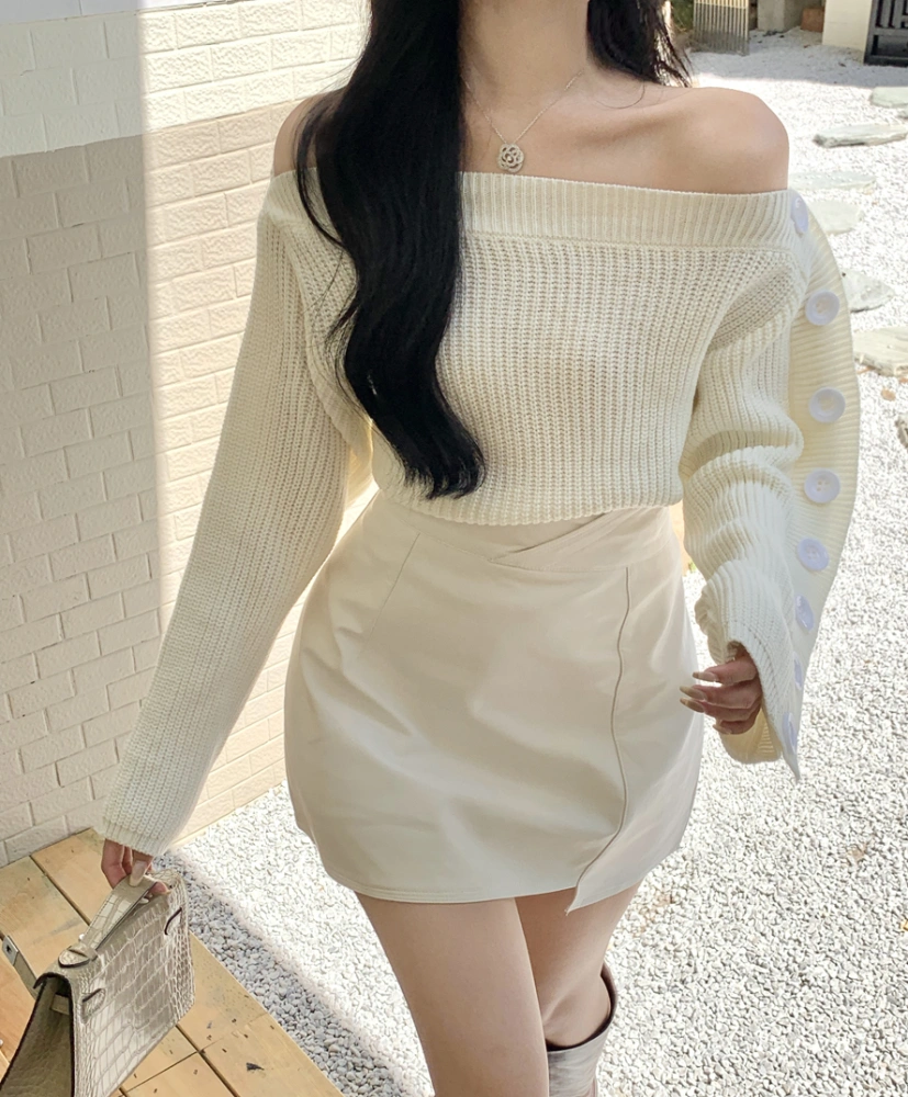 One-shoulder Gentle White Short Outer Long-sleeved Sweater Sweater Women