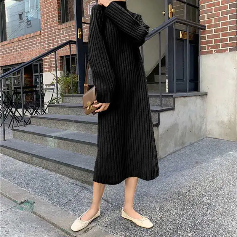 Hepburn Style Long Over-knee Stitch Long-sleeved Knitted Dress Women