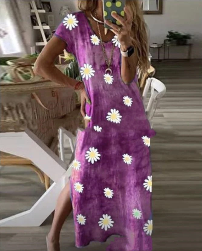 Slit Short Sleeve Dress Plus Size Print Women's