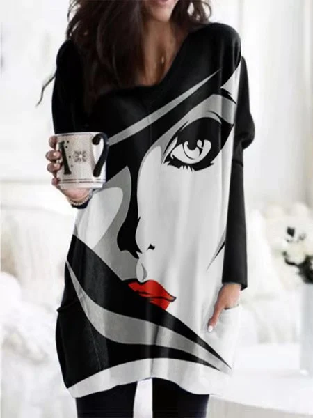 New Abstract Character Print Round Neck Irregular Long Sleeves