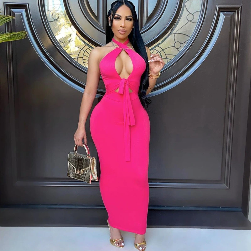 Halter Hollow Tie Rope Pure Color Dress