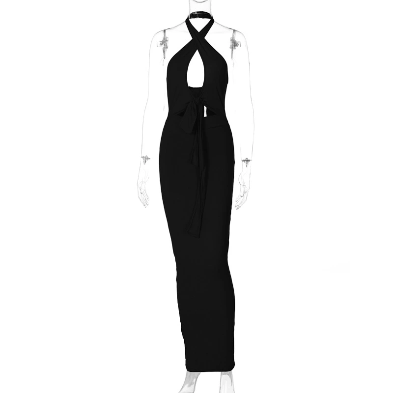 Halter Hollow Tie Rope Pure Color Dress