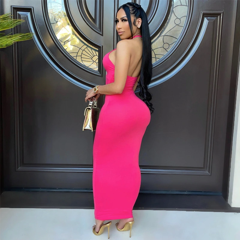 Halter Hollow Tie Rope Pure Color Dress