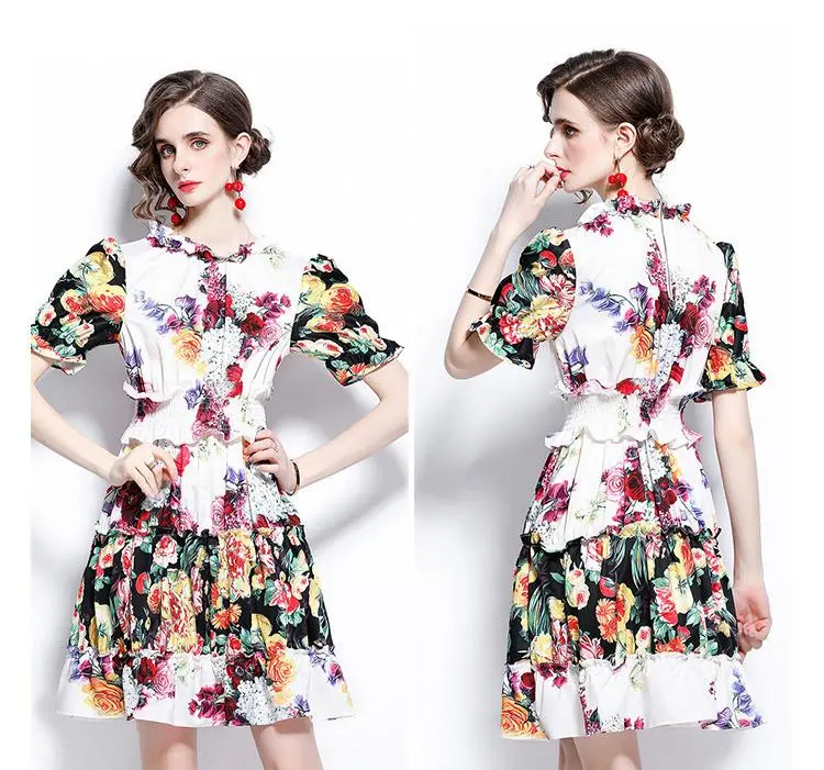 Rose Print Lantern Sleeve Dress