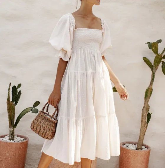 French Gentle Style Puff Sleeve High Waist Loose Chiffon Long Skirt