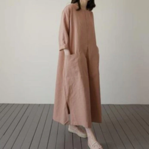 Women's Cotton And Linen Dress Mid-length Korean Style Loose