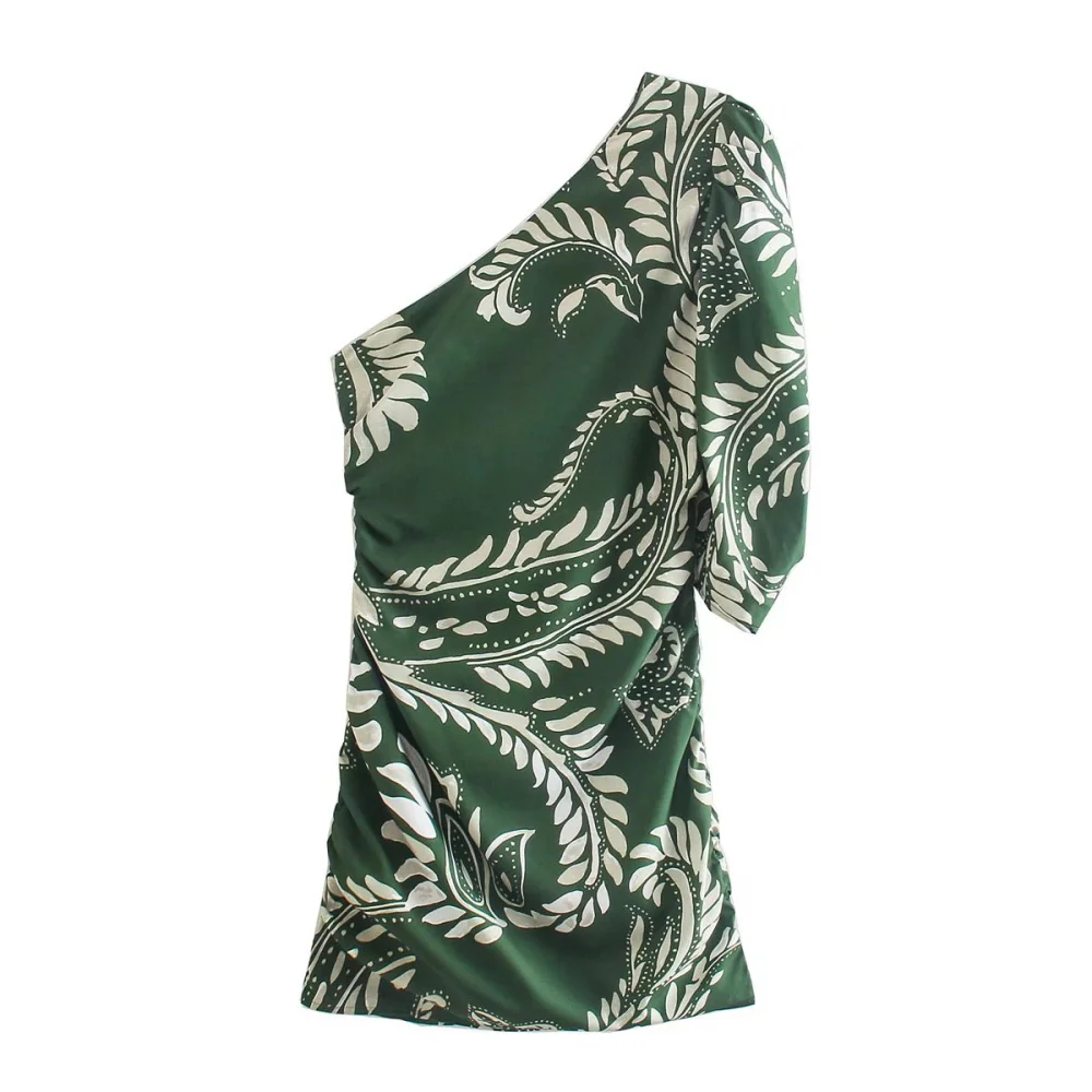 New Green Printed One-shoulder Pleated Dress Slim Sexy Short Skirt