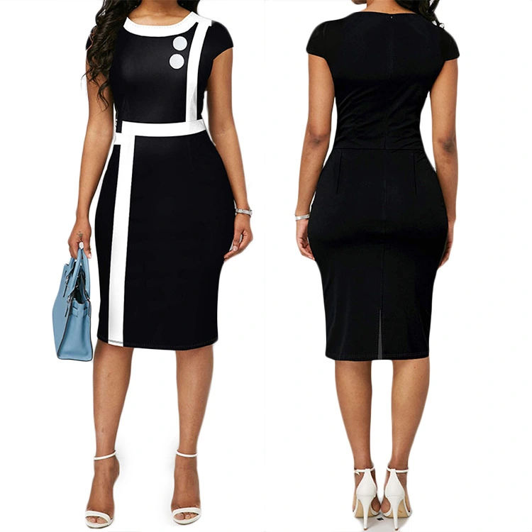 Color Matching Midi Skirt Sexy Black High Waist Temperament Commuter Dress