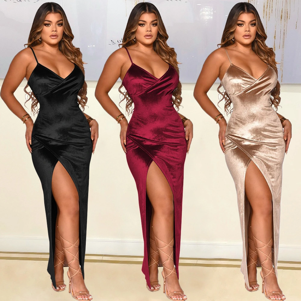 Women's Sexy Sling Solid Color Velvet Irregular Long Skirt