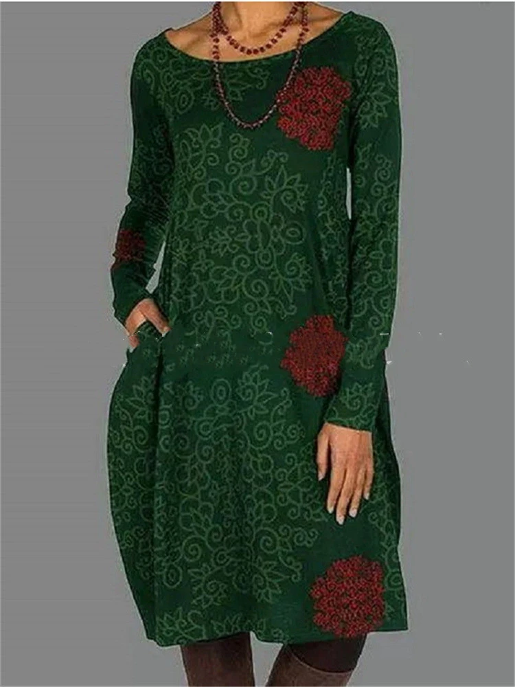 Casual Printed Long-sleeved Round Neck Pocket Dress Women