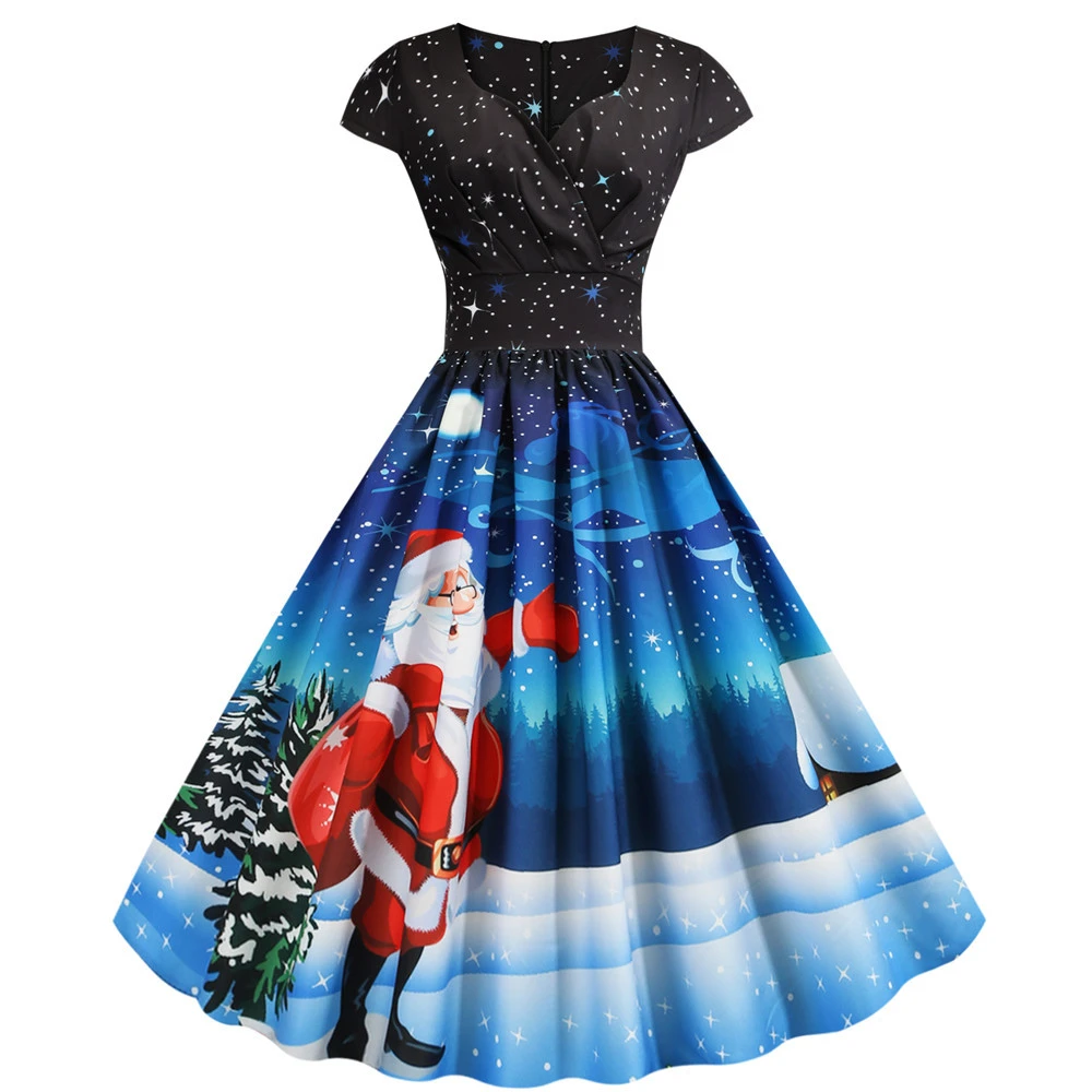 Christmas Ladies Short Sleeve V-neck Print Dress