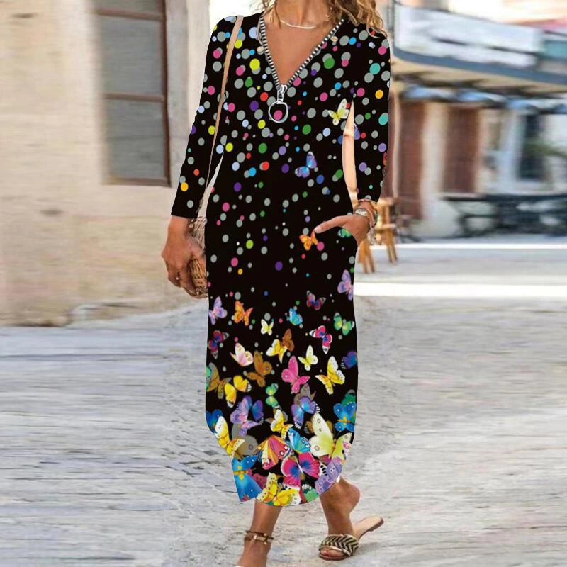 Temperament Commuter Printed Zipper Pocket Long Skirt