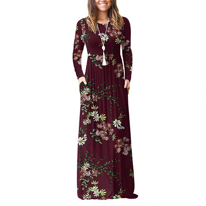 Pocket Dress Round Neck Waist Long Skirt