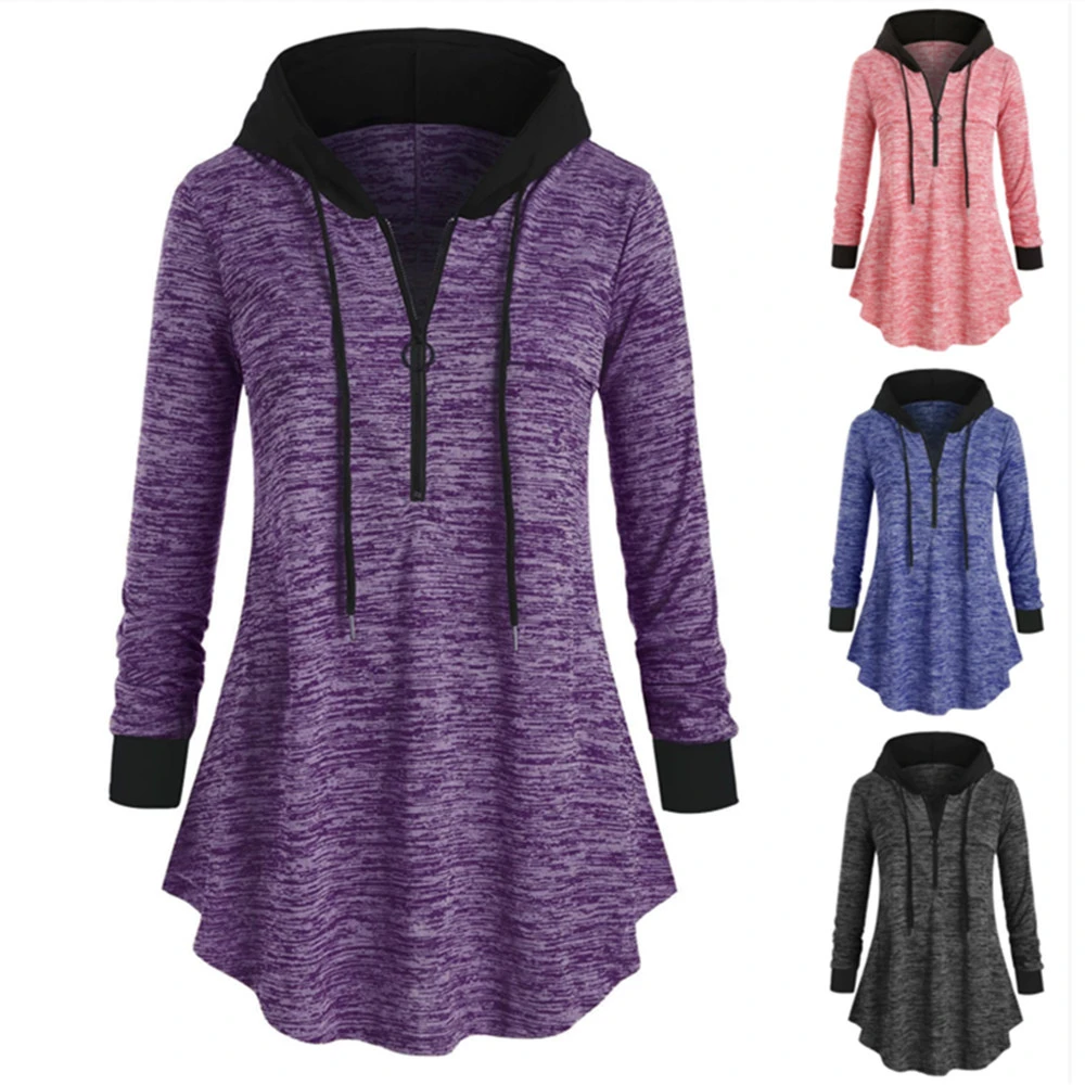 Solid Color Zipper Hooded Long-sleeved Sweater
