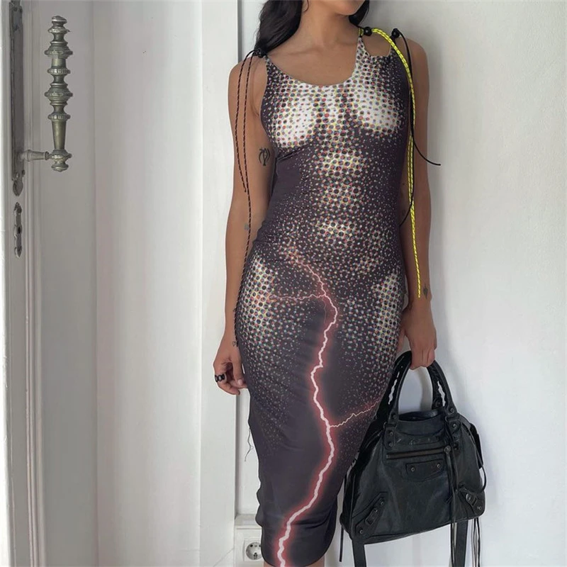 Women's Sling Lightning Print Slim Temperament Mid-length Dress