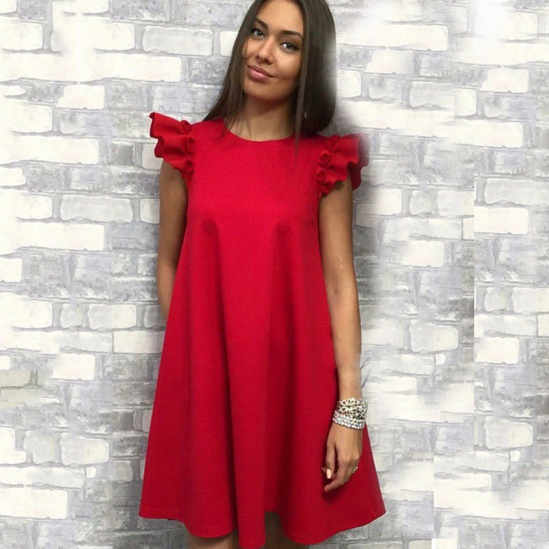 Ruffle sleeve butterfly sleeve round neck dress