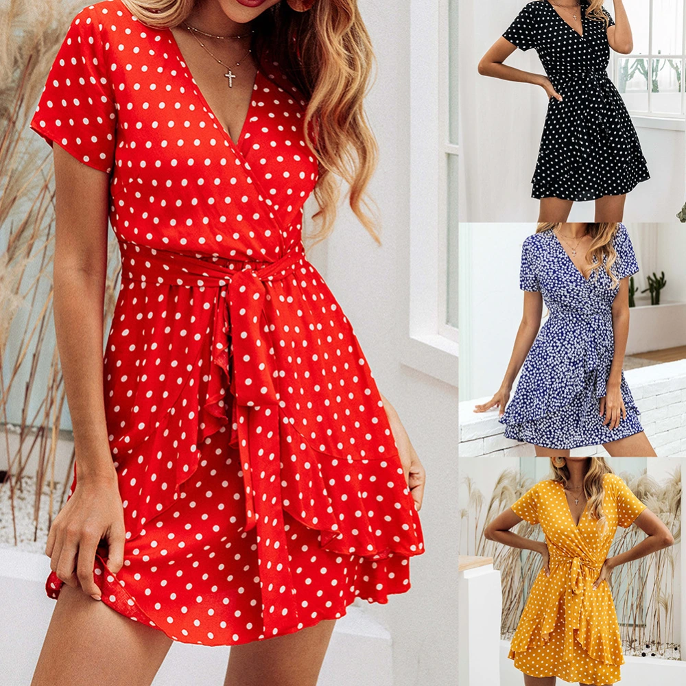 Cross V-neck tie rope waist sexy dress