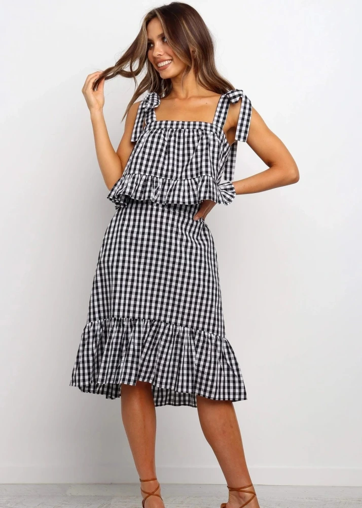 Checked lace strap ruffle skirt
