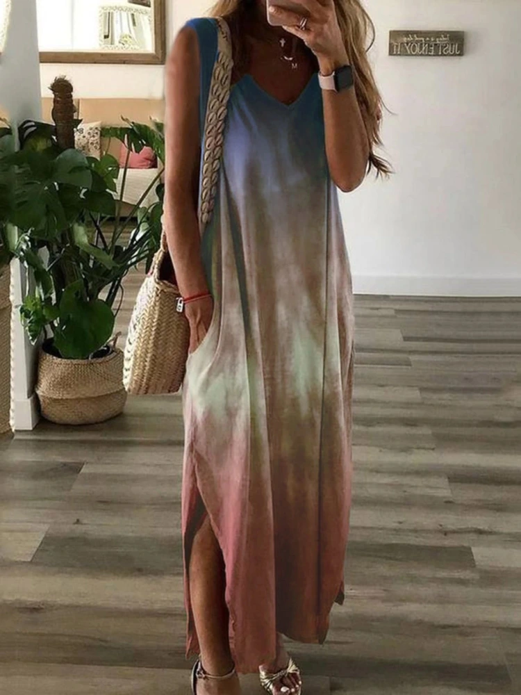 Gradient tie-dye printed sleeveless maxi dress