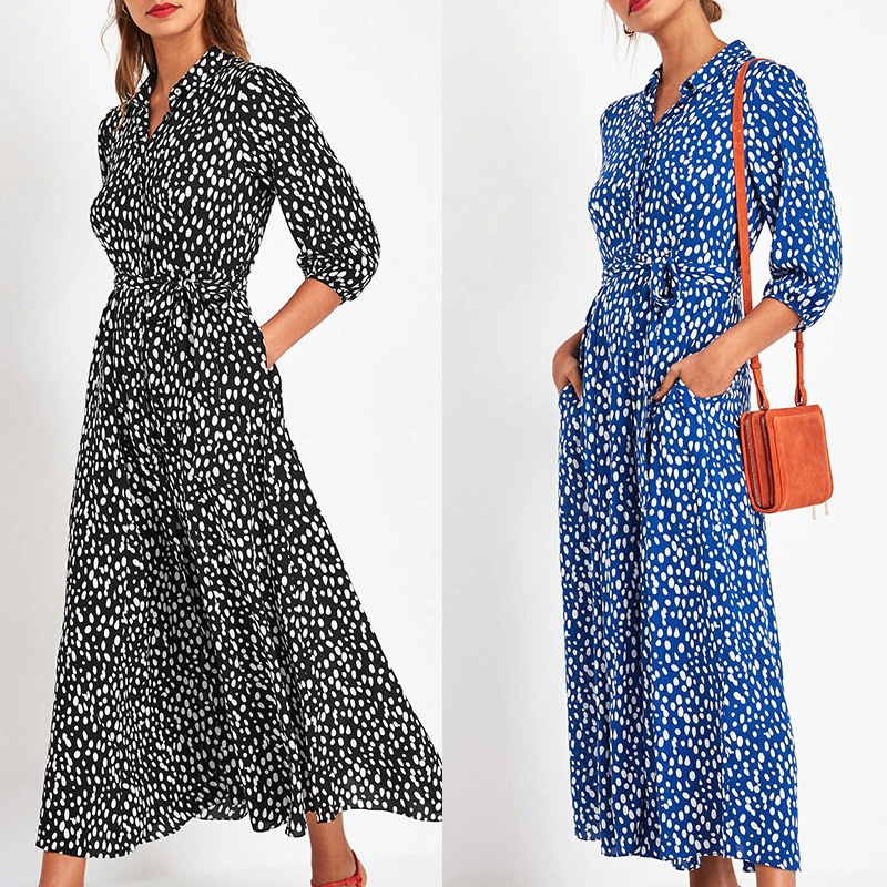 Polka dot print lace-up pocket dress