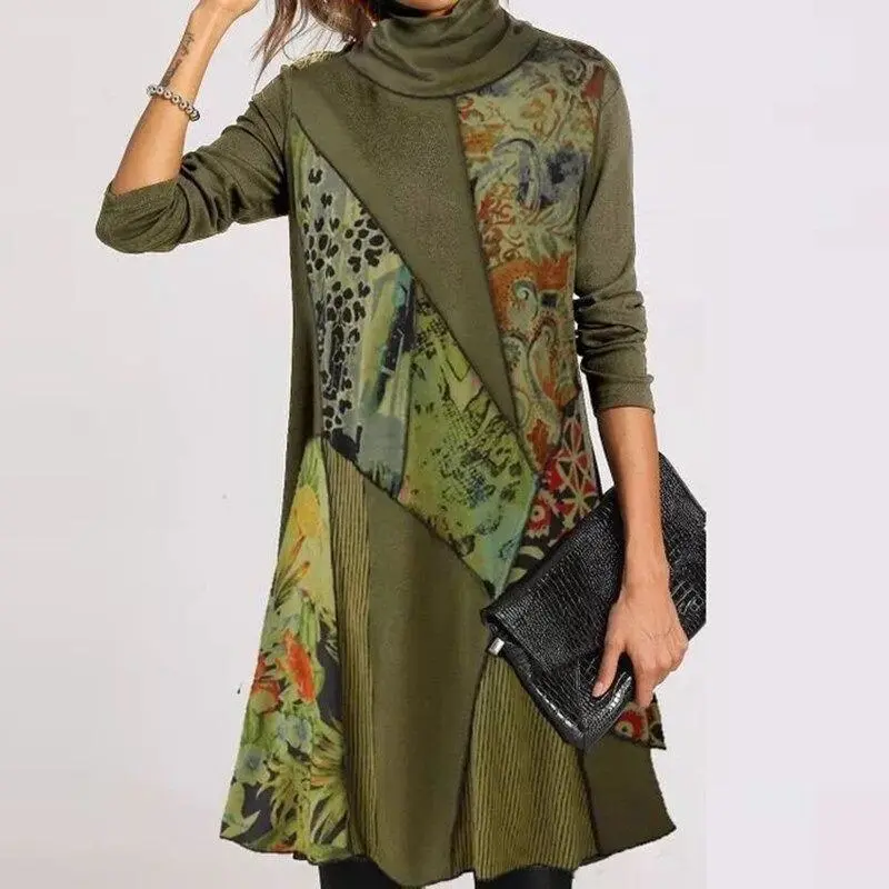 Round Neck Printed Long-Sleeved Large Swing Dress