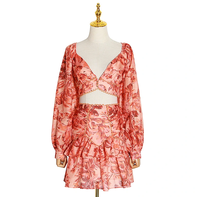 Short Lace-up Top High-waist Printed Skirt Suit