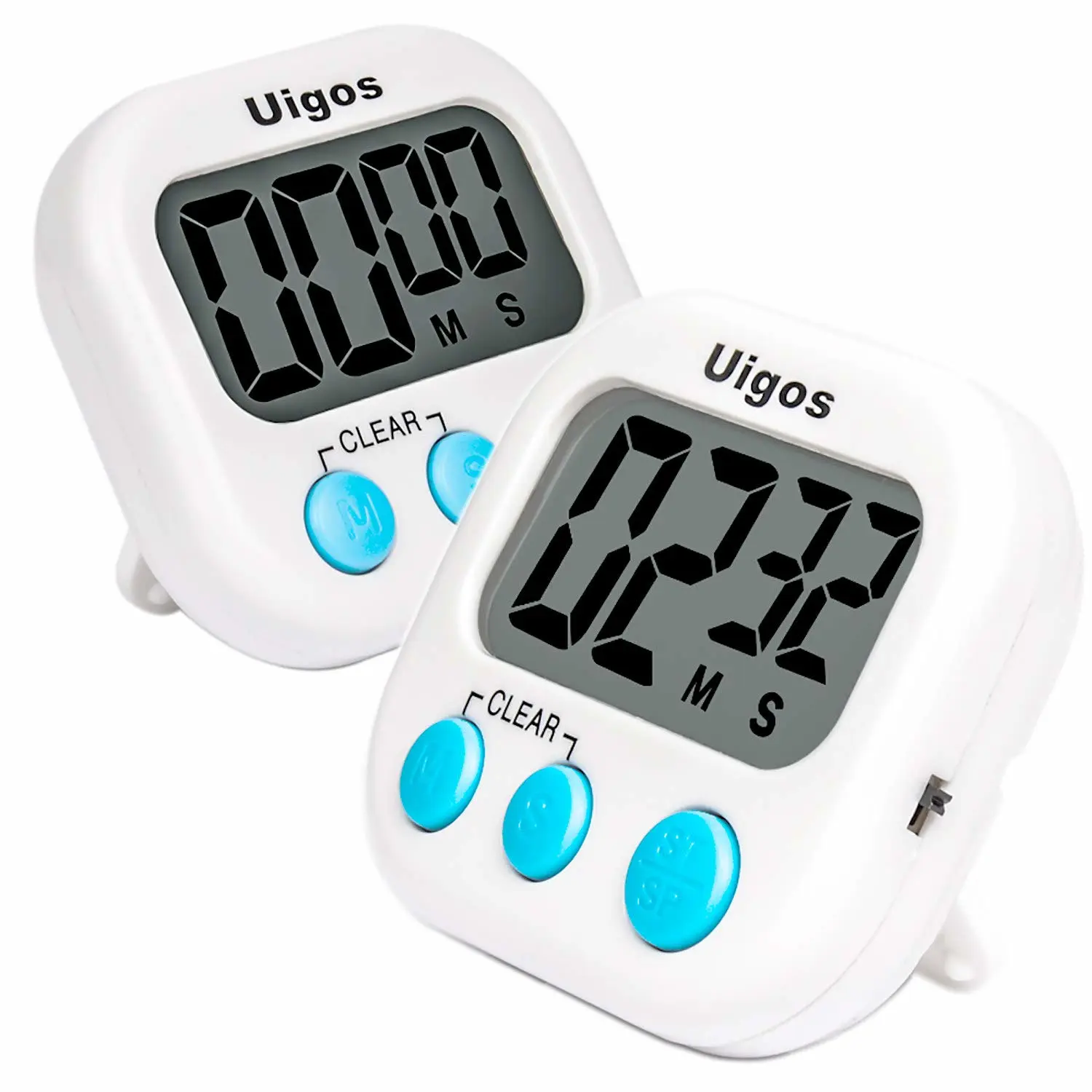 Uigos 2 Pack Digital Kitchen Timer II 2.0, Big Digits, Loud Alarm, Magnetic Backing, Stand, for Cooking Baking Sports Games Office (White) (2 Pack)