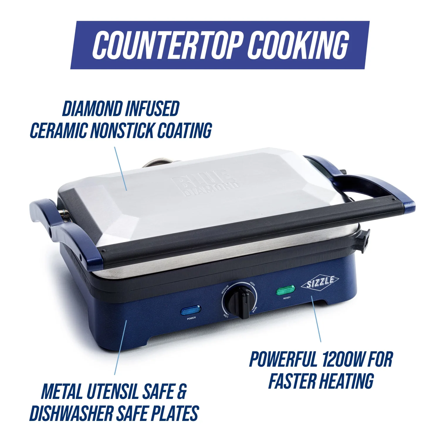 Blue Diamond Ceramic Nonstick, Electric Contact Sizzle Griddle, Open Flat Design, Dishwasher Safe Removable Plates, Adjustable Temperature Control, PFAS-Free, Blue