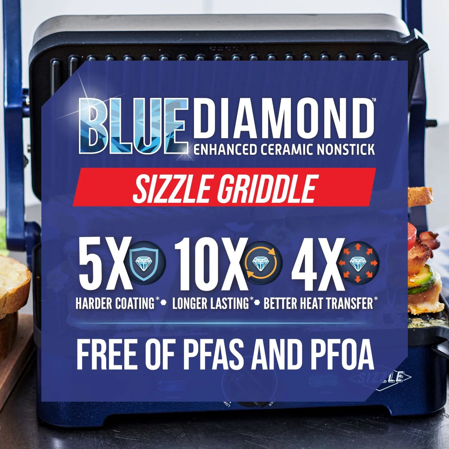 Blue Diamond Ceramic Nonstick, Electric Contact Sizzle Griddle, Open Flat Design, Dishwasher Safe Removable Plates, Adjustable Temperature Control, PFAS-Free, Blue