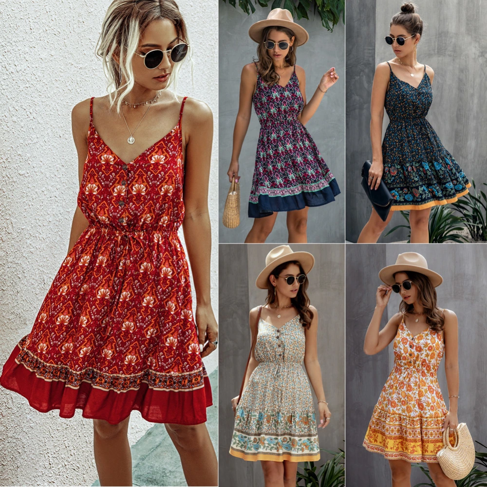 V-neck button elastic waist tether women dress
