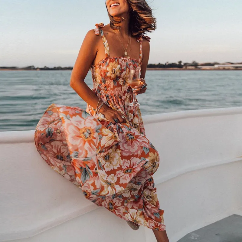 Bohemian style sexy sling print beach dress
