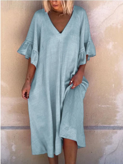 Solid color lotus sleeve dress