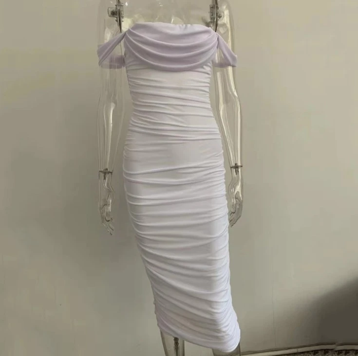 Tube top off shoulder pleated slit dress