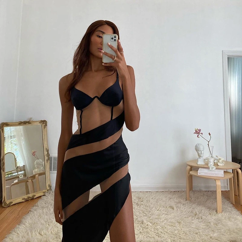 Sling V-Neck Fashion Contrast Color See-Through Slim Mesh Dress