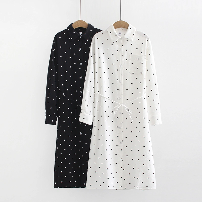 Small And Thin Polka Dot Waist Tie Shirt Dress