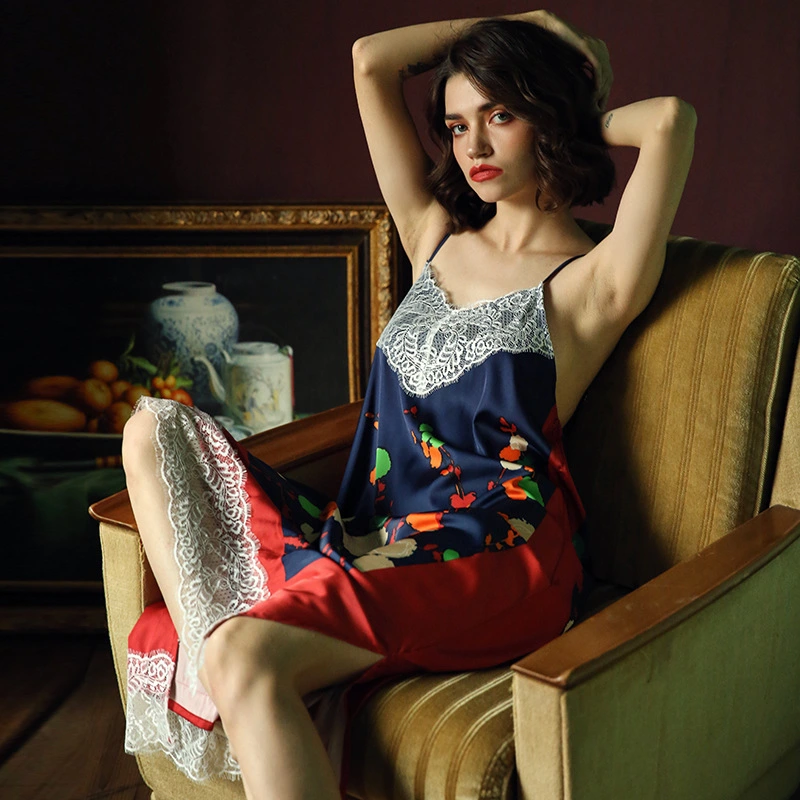 Satin chiffon long strap lace nightdress