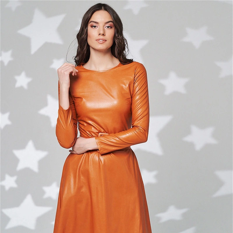 Simple round collar temperament versatile slim PU leather belt dress