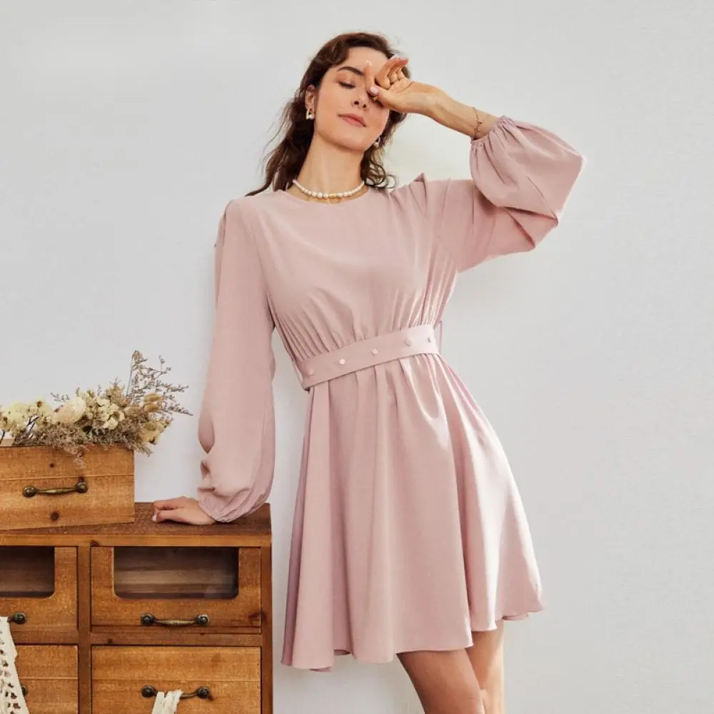 Long sleeve solid color lace up short dress