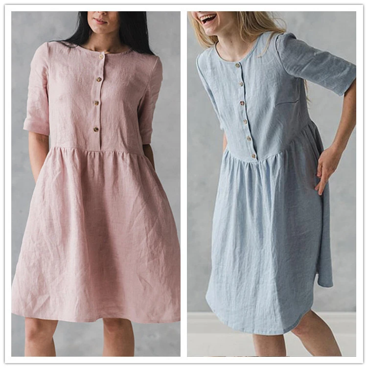 Cotton and linen art casual loose sleeve dress