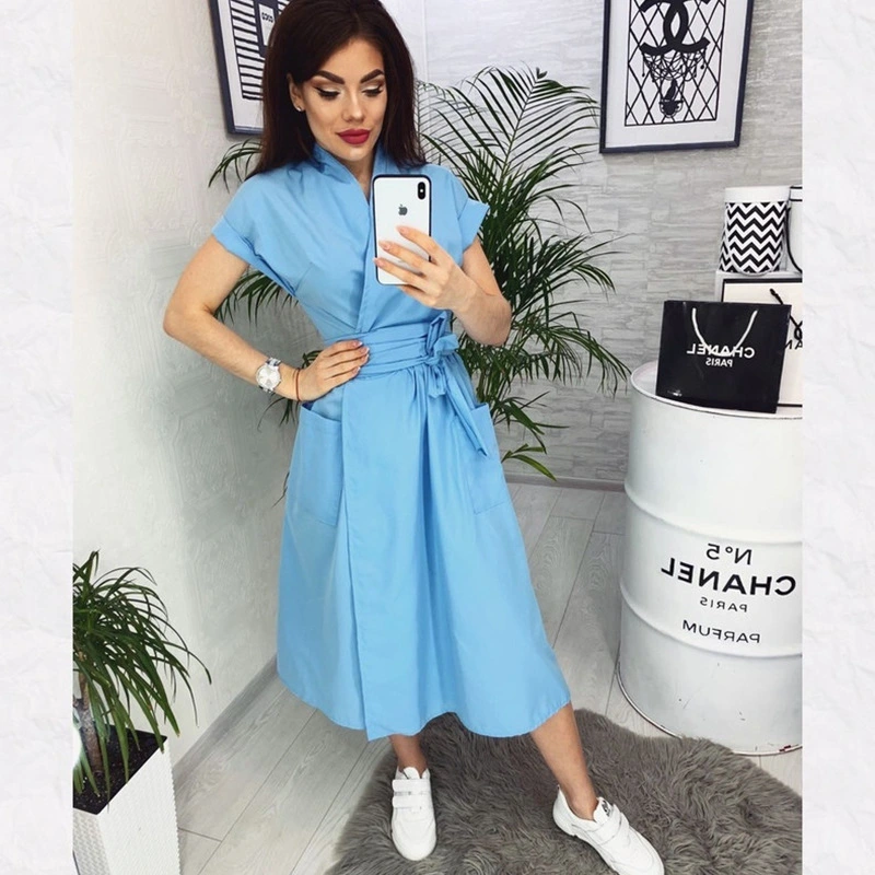 Long fashion short sleeve Lace Up Shirt Dress