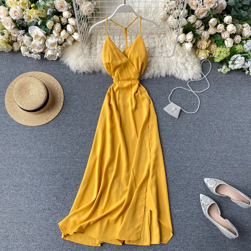 Long dress with split suspenders