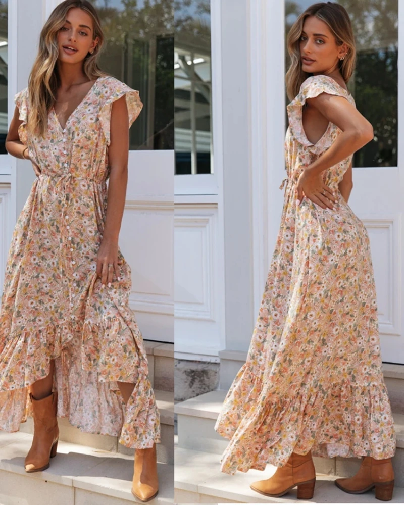 V-neck Printed Single-breasted Lace-up Dress With Irregular Waist