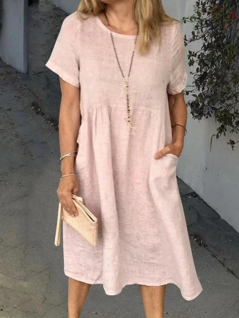 Round neck short sleeve cotton linen dress